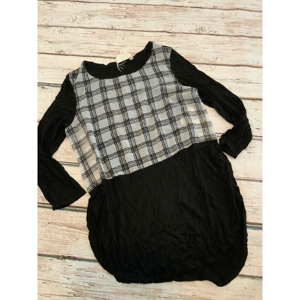 Two by Vince Camuto Womens Small Black Plaid Mixed Media Long Sleeve Tunic Top